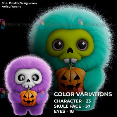 Cute fluffy little monster with halloween pumpkin. Forest spirit, creature, animal. MINIMONSY.