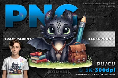 Cartoon cute black baby dragon. Night Fury Dragon. Go to school. Back to school. PNG.