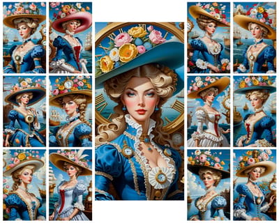 Painting. Portrait of a rich woman in a hat with a watch and flowers. Art.