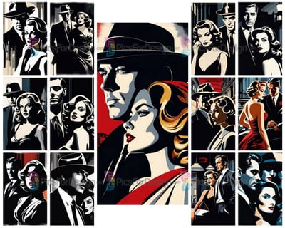 Black and white drawing. Portrait of a man and a woman in the style of the 30s. Art.
