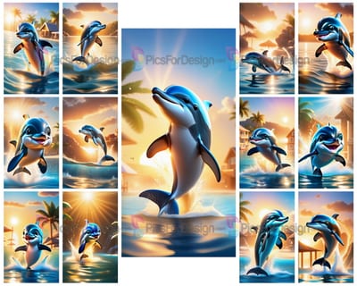 Colored drawing. Dolphin playing in the sea waves and in the sunbeams. Art