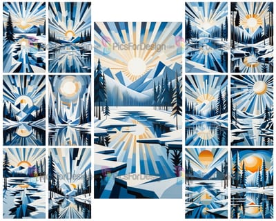 Colored cubic drawing. Abstract winter landscape. Art.