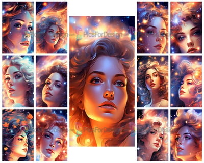 Color pattern. Portrait of a magic girl against the backdrop of space stars. Art.