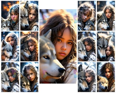 Color pattern. Portrait of friends: girl and dog. Art.