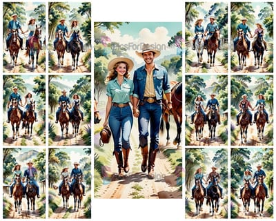 Color pattern. A married couple on horses amid nature. Art.