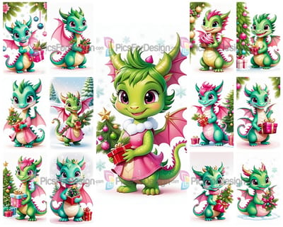 Colored drawing. Cheerful dragon with New Year decorations and gifts. Art.