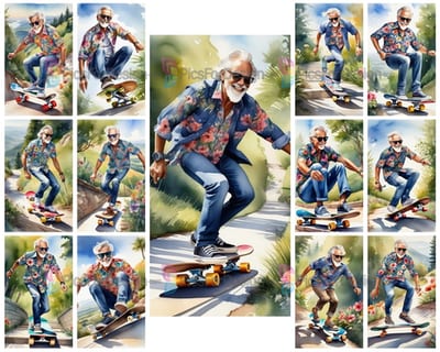 Colored acrylic painting. An elderly man in black glasses rides a skateboard. Art.