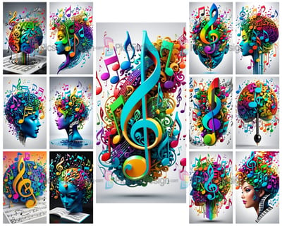 Colored drawing. Brainstorming from floating notes to create a melody. Art.