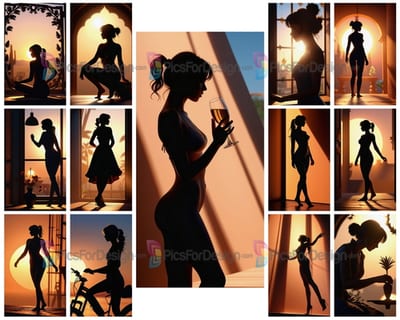 Colored drawing. Portrait of a silhouette of a young girl against the background of the sun. Art.