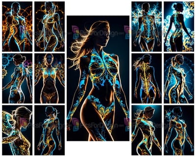 Colored fractal drawing. Cinematic shot of a girl's silhouette. Art.