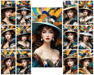 Painting. Portrait of a rich woman in a hat with feathers. Art.