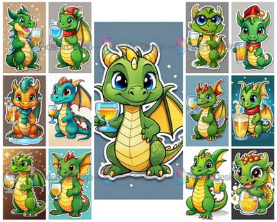 Colored drawing. Cute dragon celebrates New Year with a glass of juice. Art.