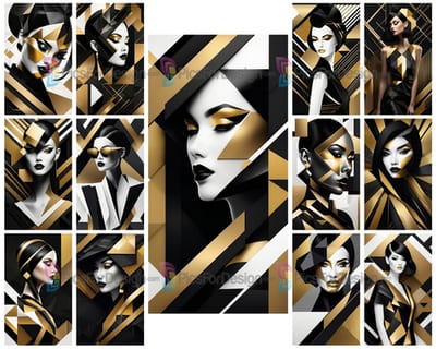 Black and gold abstract drawing. Portrait of a fashionista. Art.