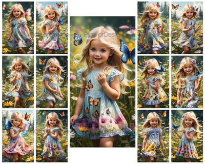 Colored acrylic painting. Portrait of a little girl among flowers and butterflies. Art.