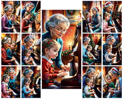 Colored drawing. Christmas evening. Grandmother and granddaughter play the piano. Art.