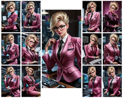 Colored drawing. Stylish woman working on computers. Art.