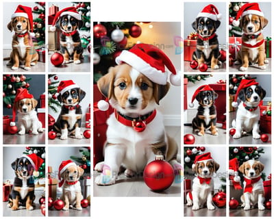 Colored drawing. A small puppy sits in a Christmas hat against the background of gifts. Art.