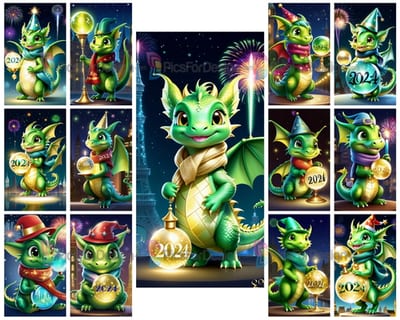 Colored drawing. Little dragon with a ball and numbers 2024 on the background of fireworks. Art.