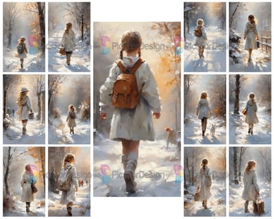 Colored drawing. A girl with a briefcase walks through a snowy city. Art.