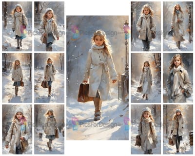 Colored drawing. A girl with a briefcase walks through a snowy city. Art.