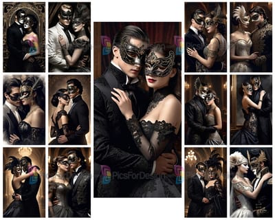 Colored drawing. Woman in the arms of a masked man at a ball. Art.