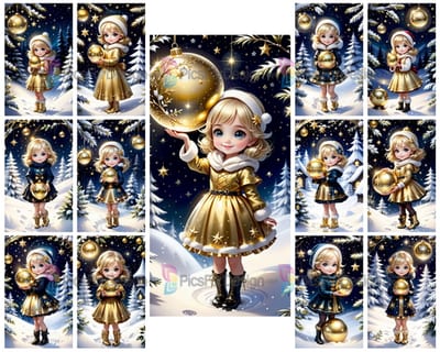 Colored drawing. Girl decorates fir trees in the forest with golden toys. Art.