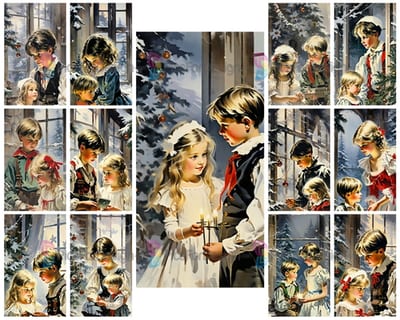 Colored drawing. Brother and sister make toys and decorate the Christmas tree. Art.