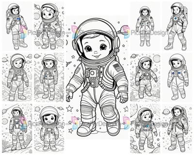 Black and white coloring picture. Boy in astronaut's spacesuit. Art.