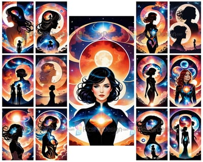Colored drawing. Triple exposure silhouette of a woman, sunset, space. Art.