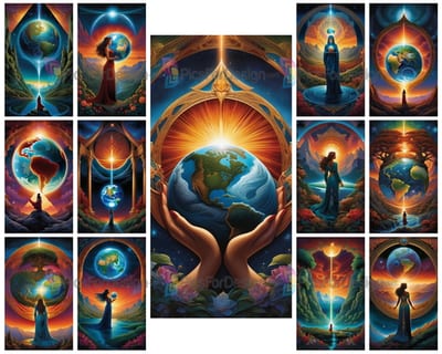 Colored drawing. Woman - mother Earth, holds the planet in her hands. Art.