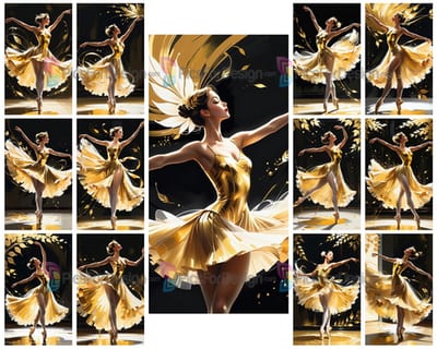 Colored acrylic painting. Ballerina in gold dancing. Art.