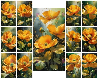Colored acrylic painting. Golden poppy in golden splashes. Art.