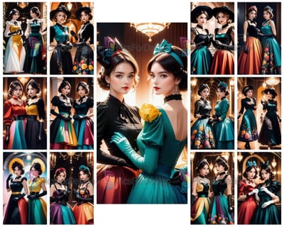 Colored drawing. Two pretty girls in colorful outfits and gloves. Art.
