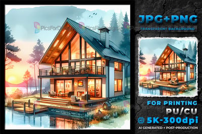Cozy home. Sunset. Forest. Lake. Nature. Landscape.