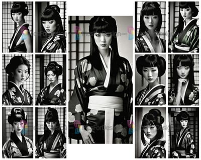 Black and white drawing. Portrait of a girl in a kimono. Art.
