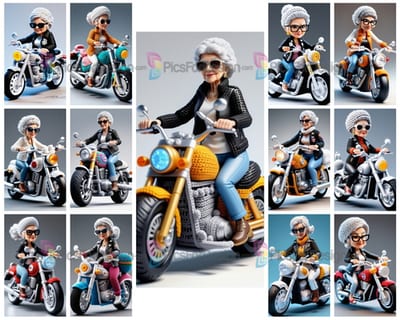 Colored drawing. Fashionable modern granny riding a powerful bike. Art.