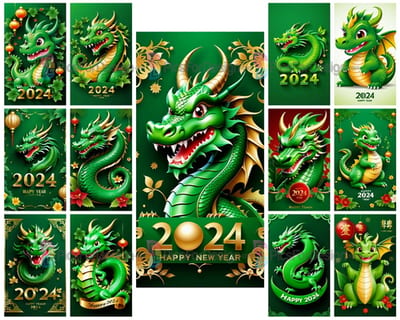 Colored drawing. Cute dragon with numbers 2024. Art.