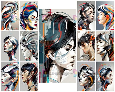 Colored drawing. Abstract portrait of a woman with multi-colored hair. Art.
