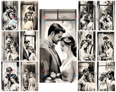 Black and white drawing. Cute young couple at the window with flowers. Art.