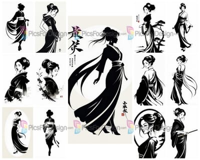 Black and white drawing. Silhouette of a beautiful Japanese girl. Art.