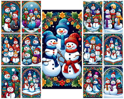 Colored drawing. A cheerful company of snowmen in colorful scarves and hats.