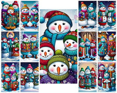 Colored drawing. A cheerful company of snowmen in colorful sweaters and hats.