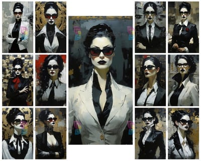 Painting acrylic paints. Business lady, vampire in glasses in the office. Art.