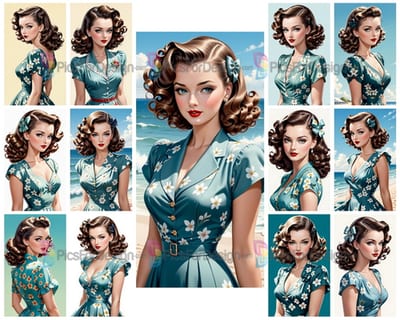 Colored drawing. Portrait of a young girl from the 40s. Art.
