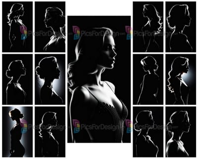 Black and white painting. Profile portrait of a beautiful woman. Art.