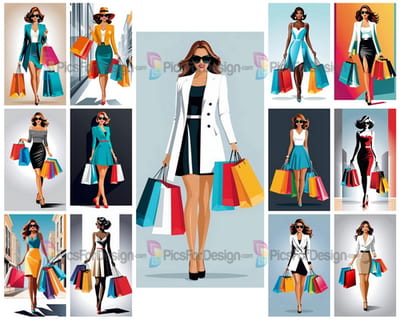 Vector drawing. Modern woman with shopping bags. Art.