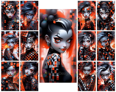 Colored drawing. Portrait of a young girl in optical illusions. Art.
