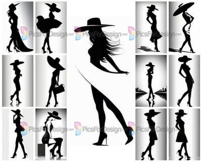 Black and white drawing. Profile silhouette of a beautiful woman in a hat. Art.