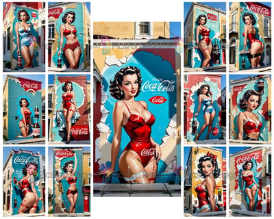 Colored pin-up drawing. Female advertising model on the street of Old Orleans. Art.
