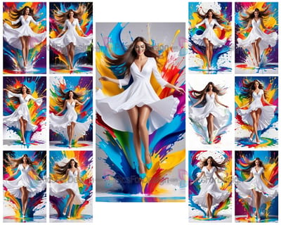 Colored drawing. Woman with loose hair in a dance of colored paints. Art.